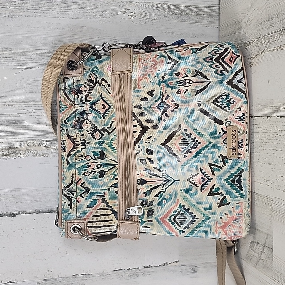 Sakroots Artist Circle Coated Canvas Turquoise Pink Beige Crossbody Purse FLAWS